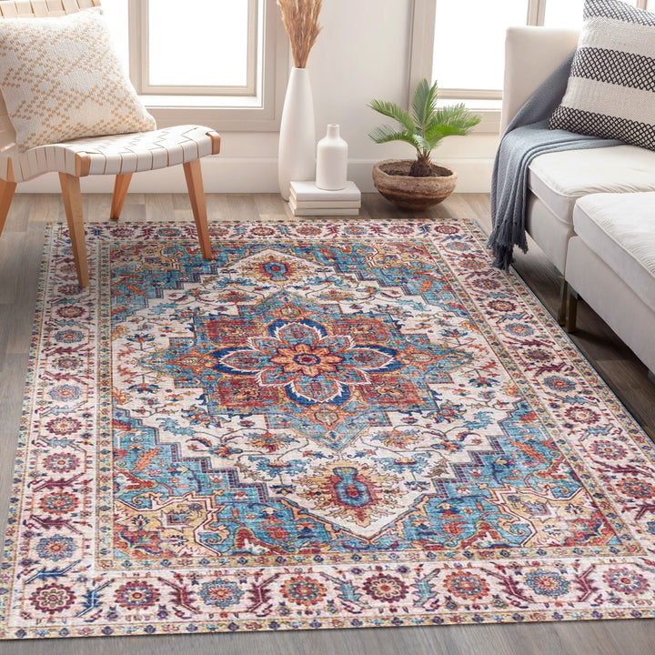 Digital Printed Rug with Central Floral Medallion in Classic Vintage Style