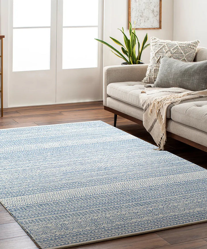 Hand Tufted Geometric & Stripes Maroc Blue Wool Rug