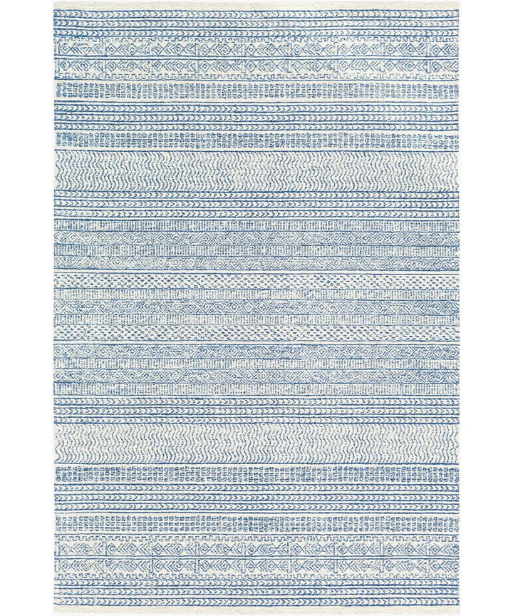 Hand Tufted Geometric & Stripes Maroc Blue Wool Rug