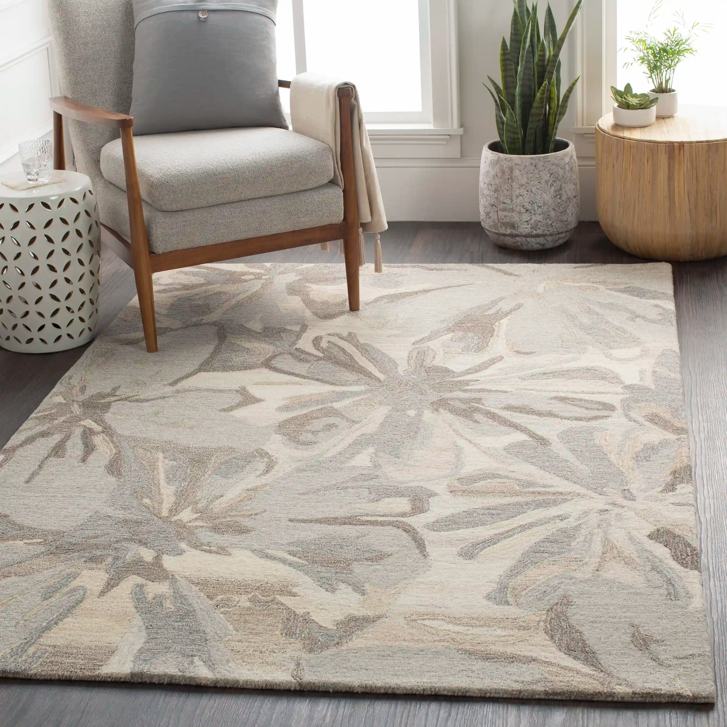 Hand Tufted Taupe and Beige Floral Wool Carpet