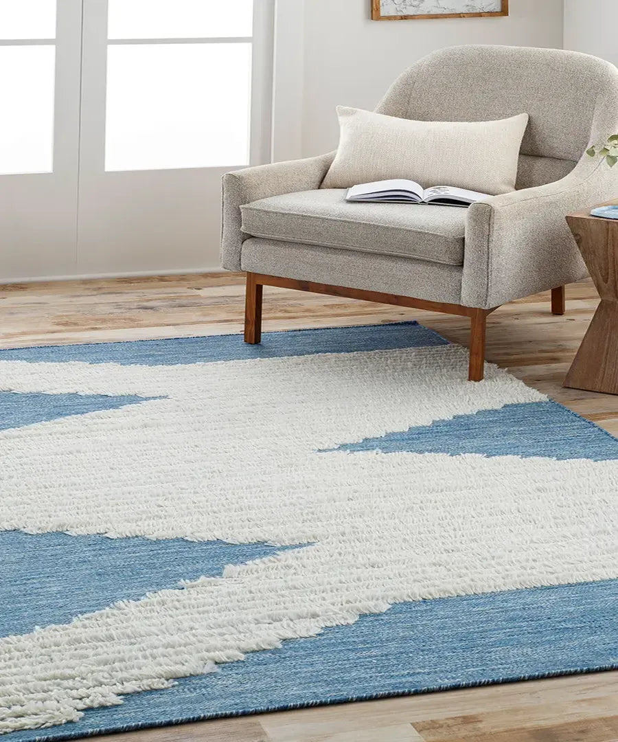 Hand-Woven Apache Cream and Bright Blue Wool Rug