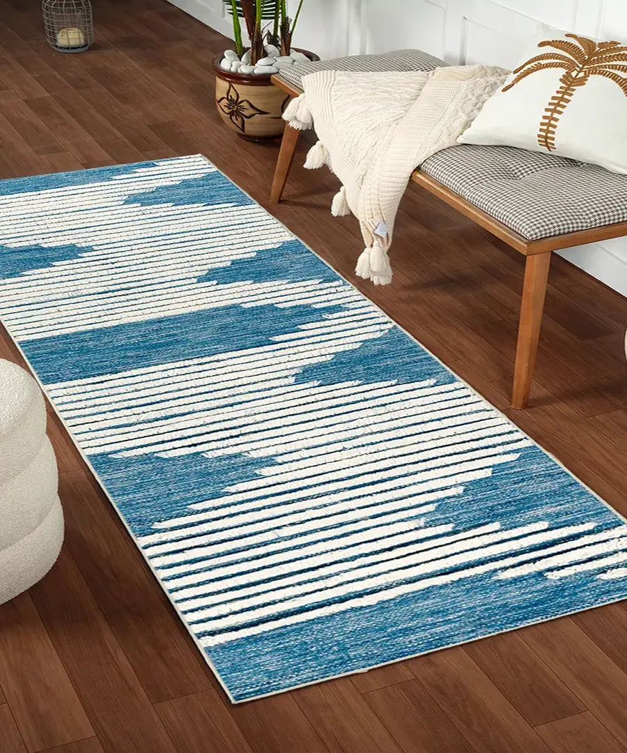 Hand-Woven Apache Cream and Bright Blue Wool Rug