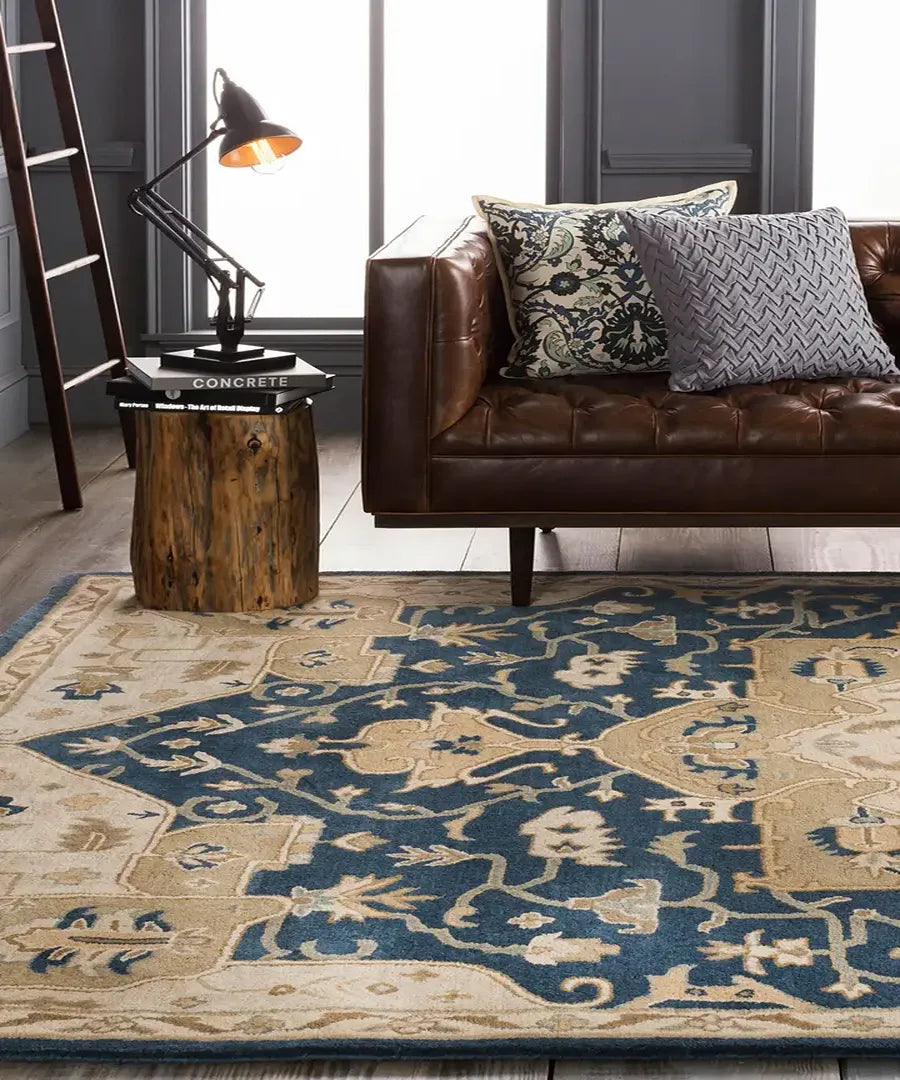 Caesar Hand-Tufted Wool Rug in Ink Blue, Rustic Heritage Design