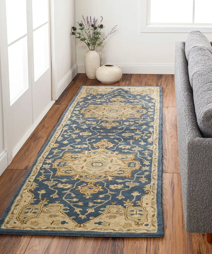 Caesar Hand-Tufted Wool Rug in Ink Blue, Rustic Heritage Design