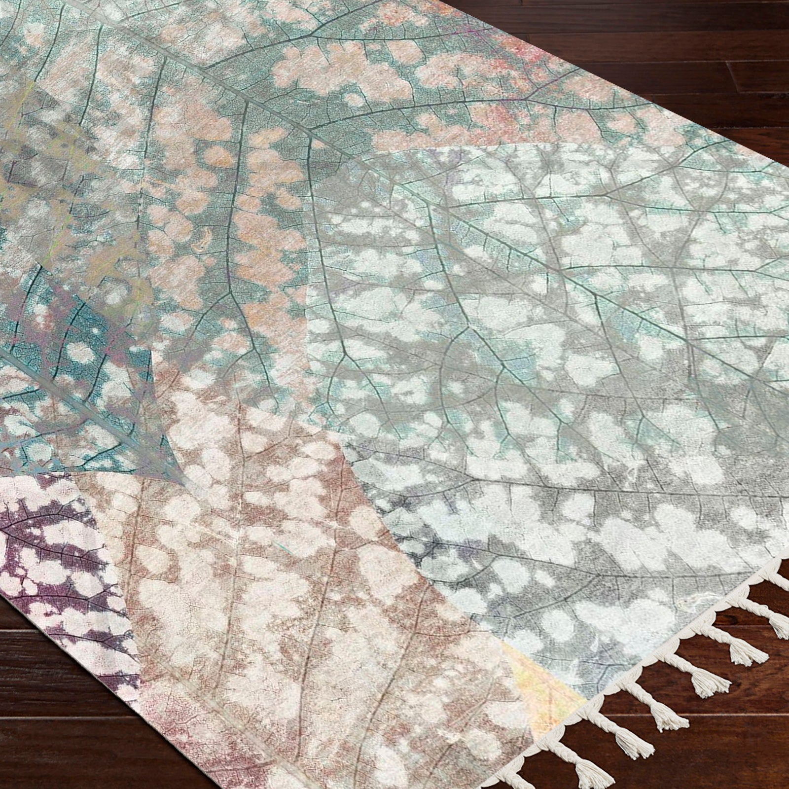 Textured Digital Print Rug Featuring Overlapping Leaf Designs