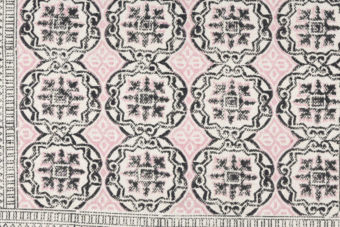 Exquisite Pink and Black Cotton Geometric Rug