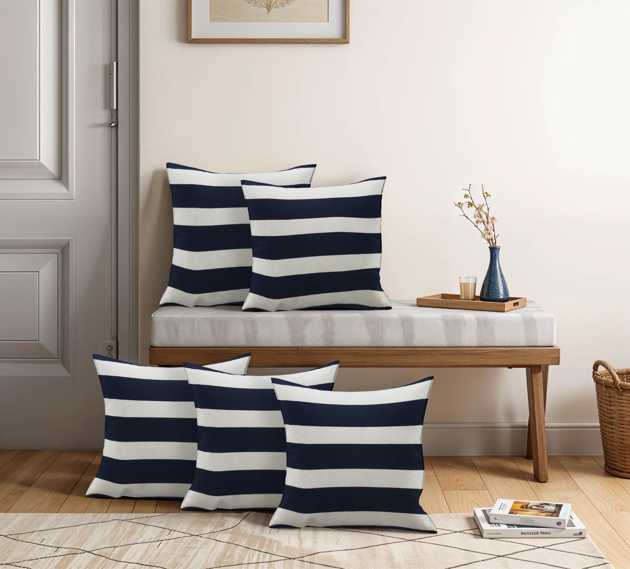 Glyph Cotton Ivory and Navy Stripes Pillow Cover