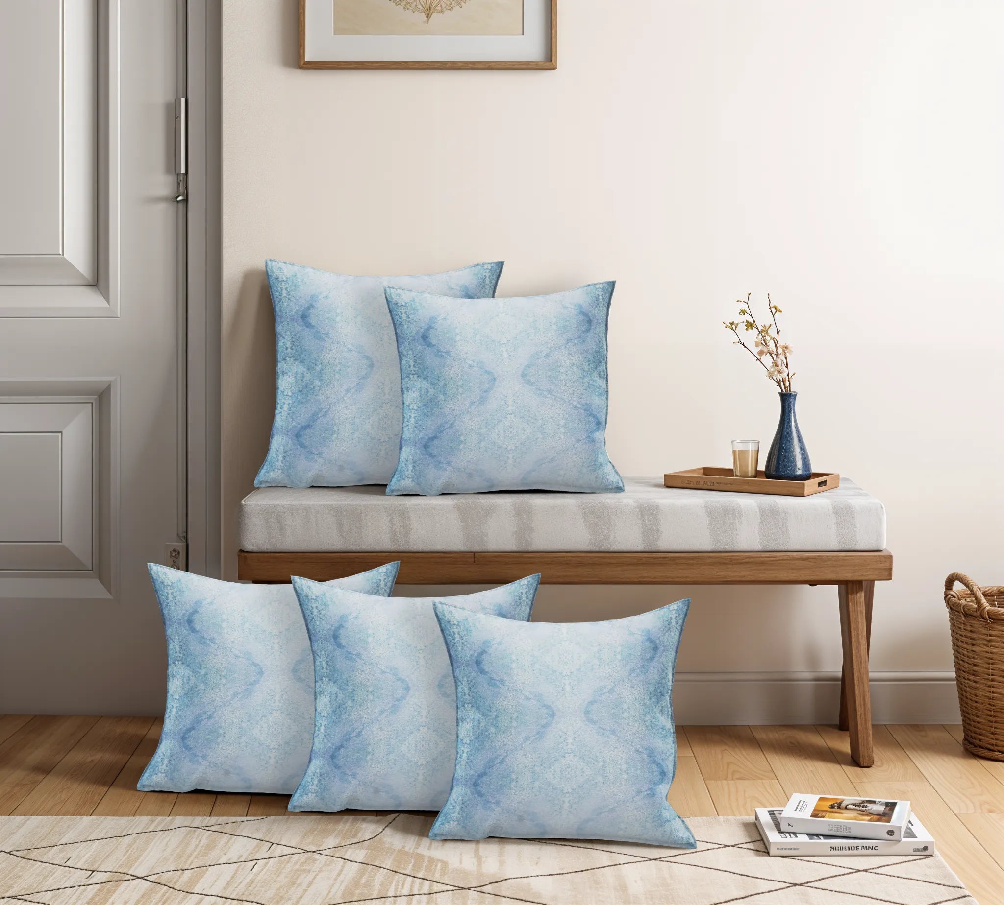 Kalos Poly Satin Blue and White Digital Printed Pillow Cover