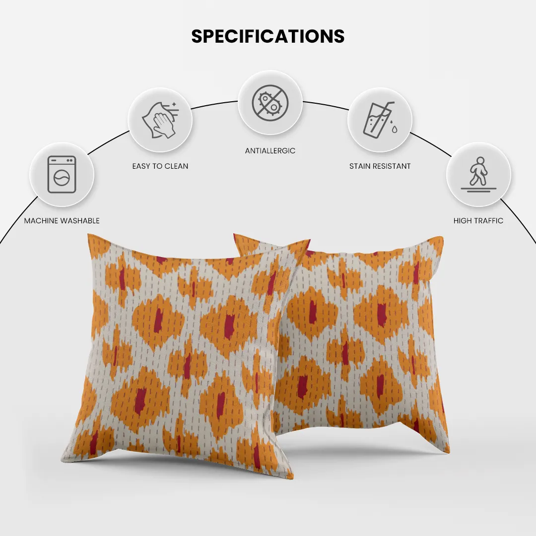 Kantha Cotton Cream & Orange Screen Printed Pillow Cover