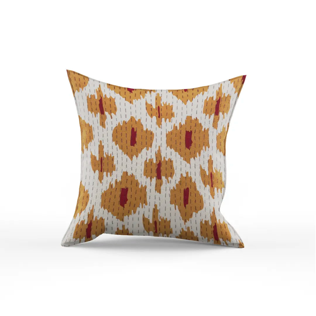 Kantha Cotton Cream & Orange Screen Printed Pillow Cover