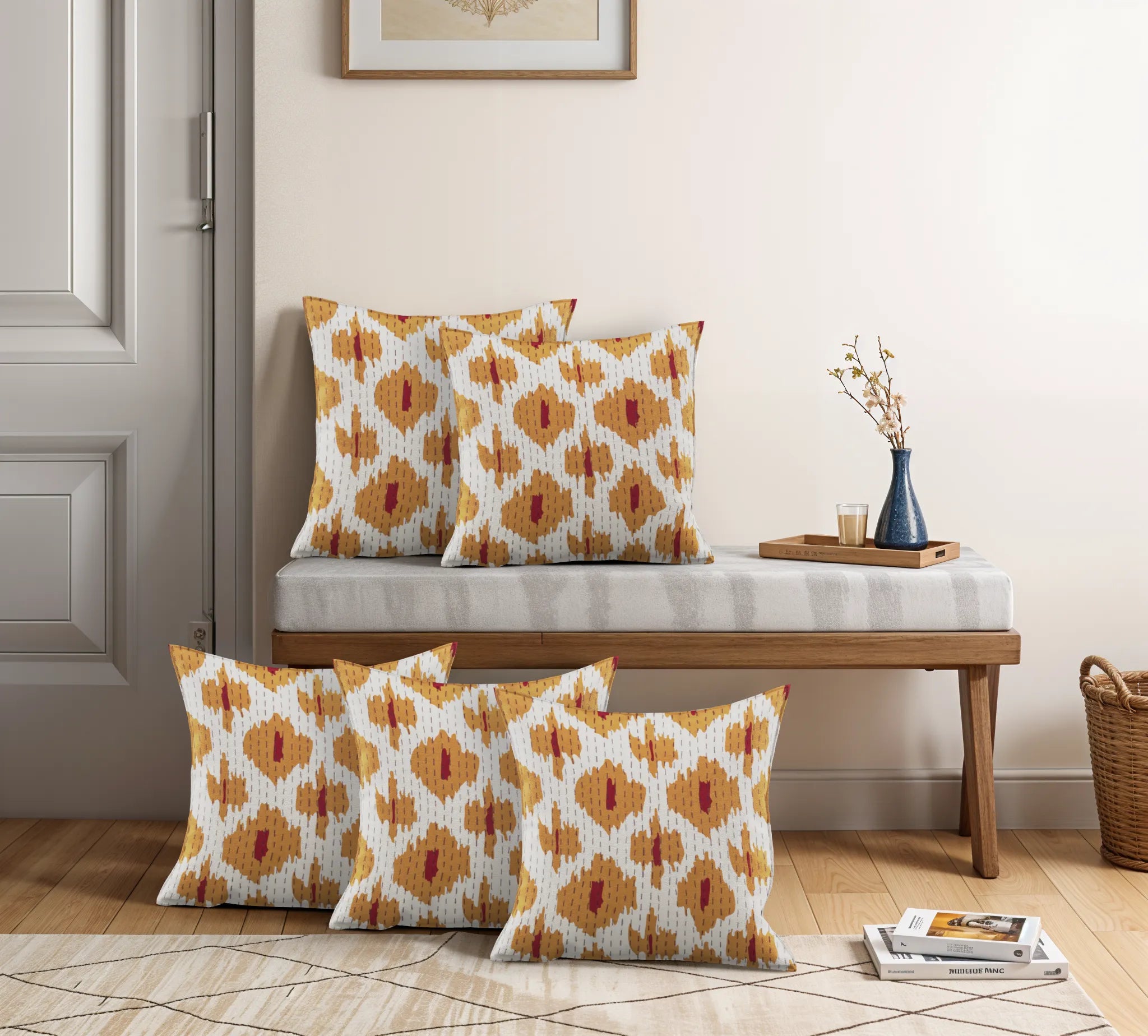 Kantha Cotton Cream & Orange Screen Printed Pillow Cover