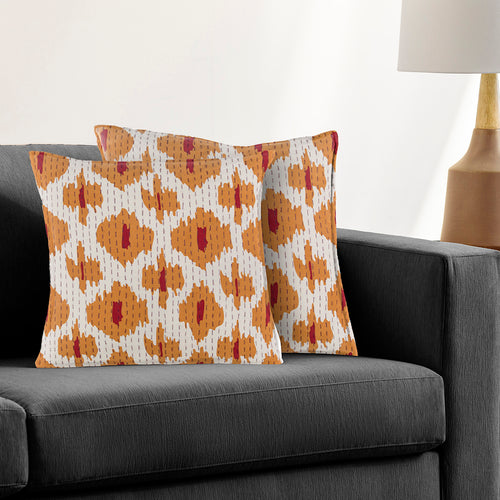 Kantha Cotton Cream & Orange Screen Printed Pillow Cover