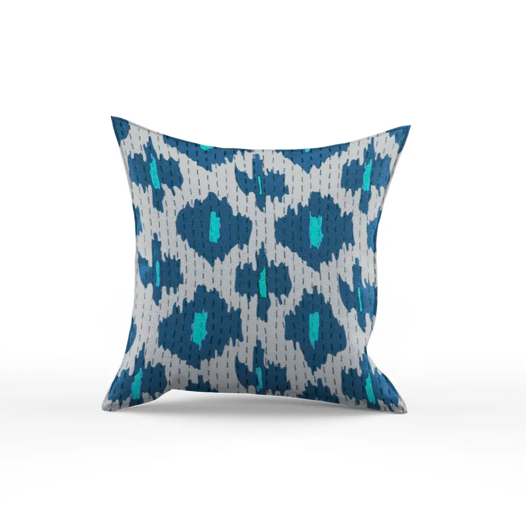 Kantha Cotton Teal and Cream Screen Printed Pillow Cover