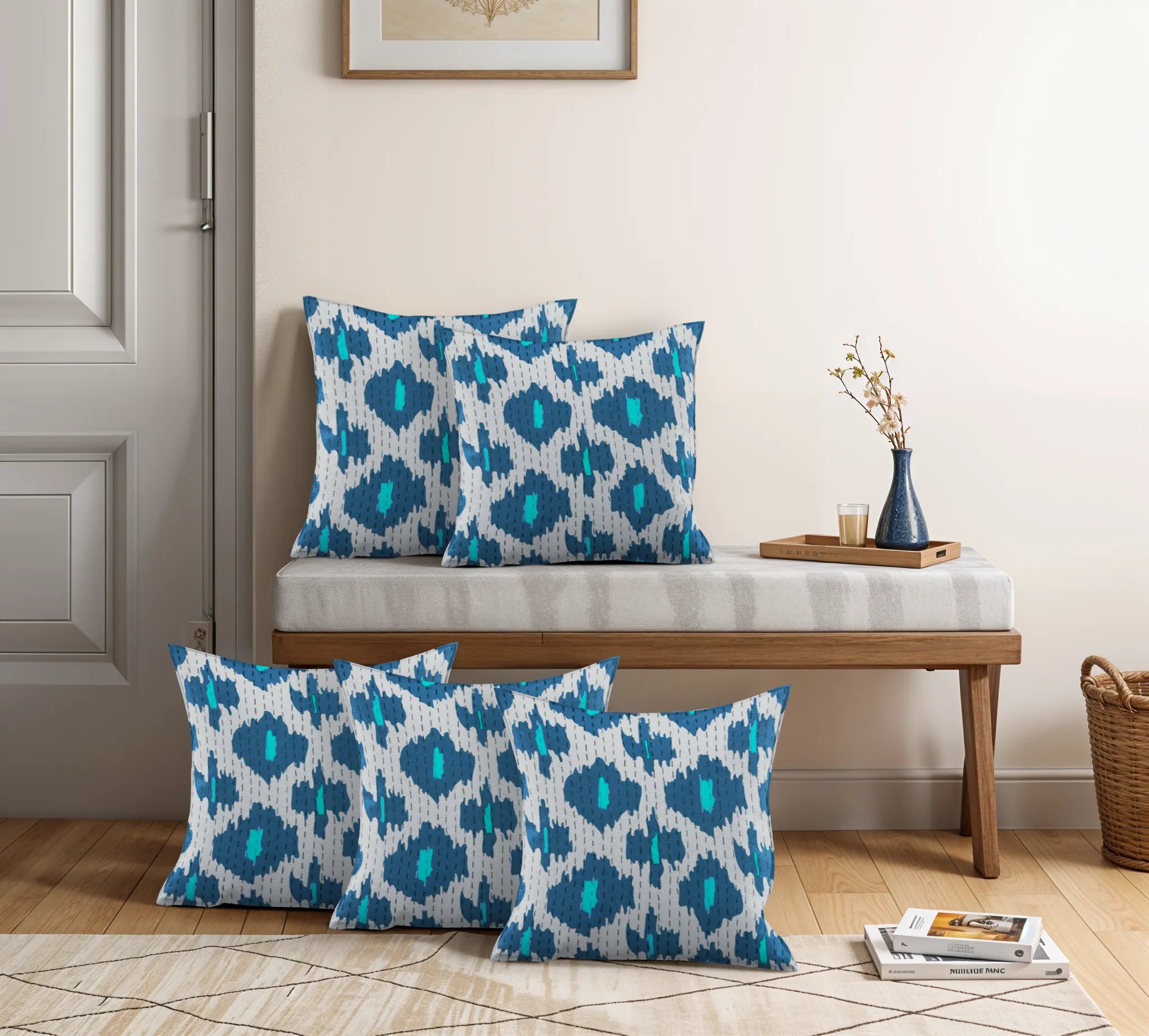 Kantha Cotton Teal and Cream Screen Printed Pillow Cover