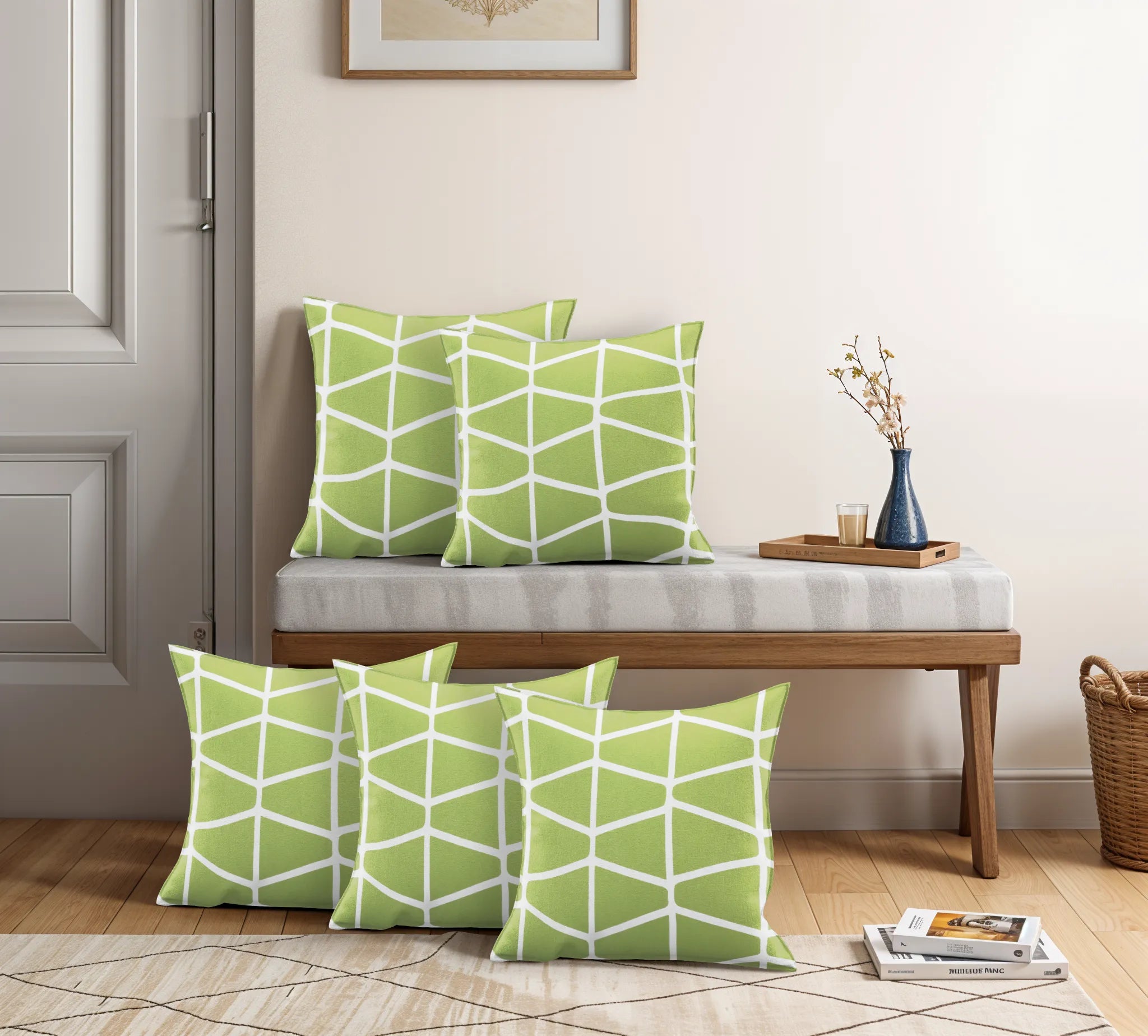 Somerset Cotton White and Green Screen Printed Pillow Cover