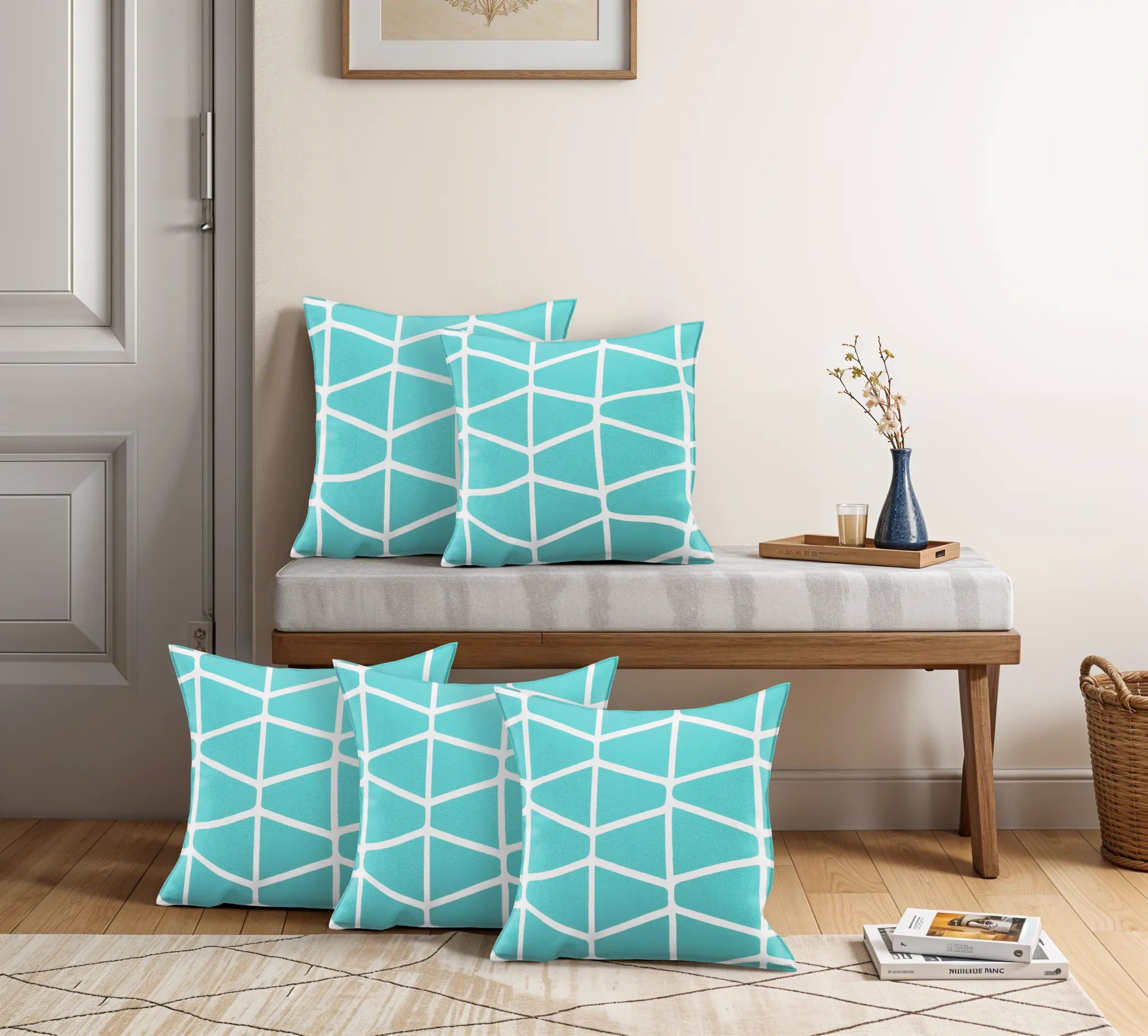 Somerset Cotton White and Seafoam Screen Printed Pillow Cover