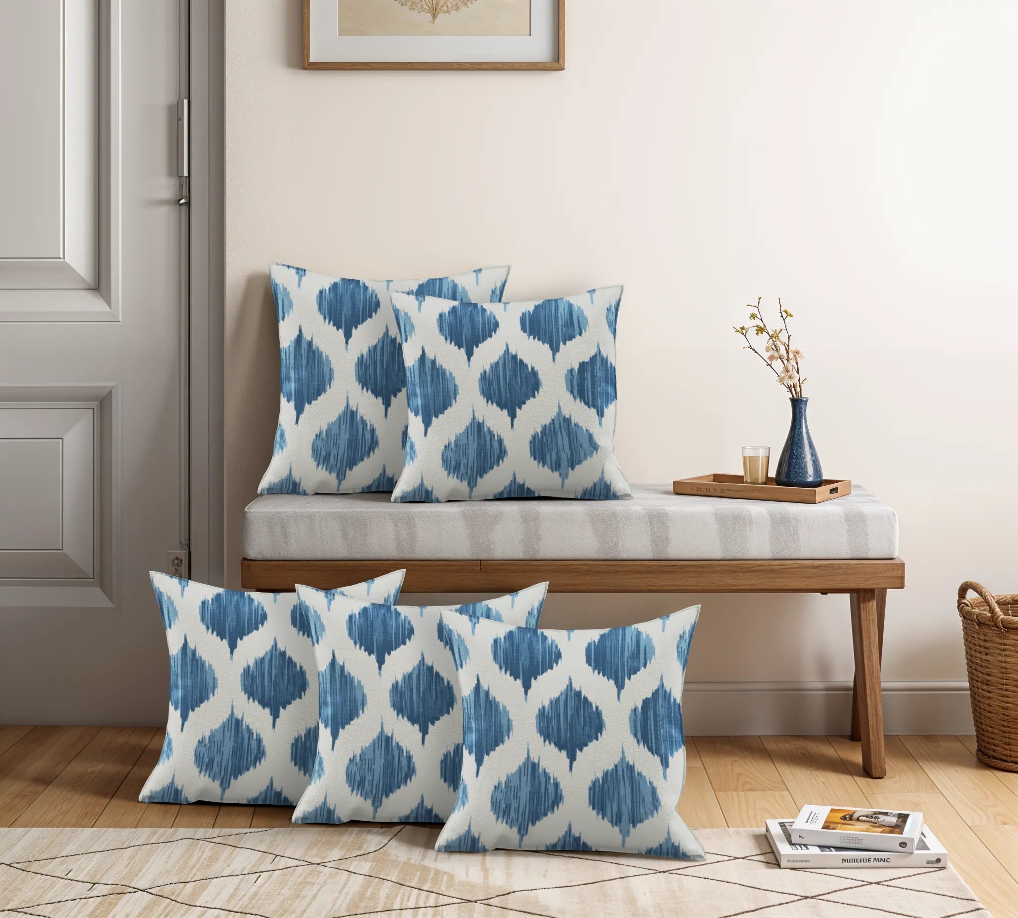 Ogee Cotton Blue and Beige Abstract Design Pillow Cover