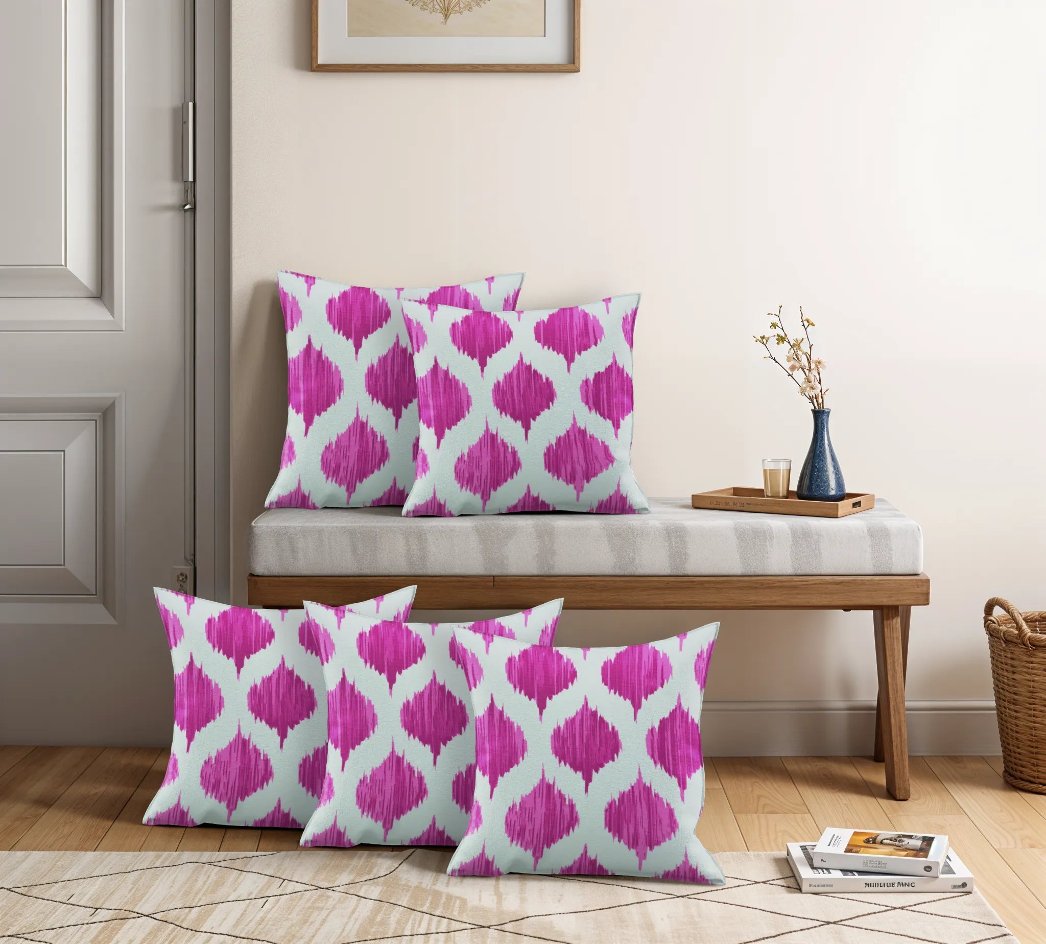 Ogee Cotton Light Beige & Magenta Pillow Cover