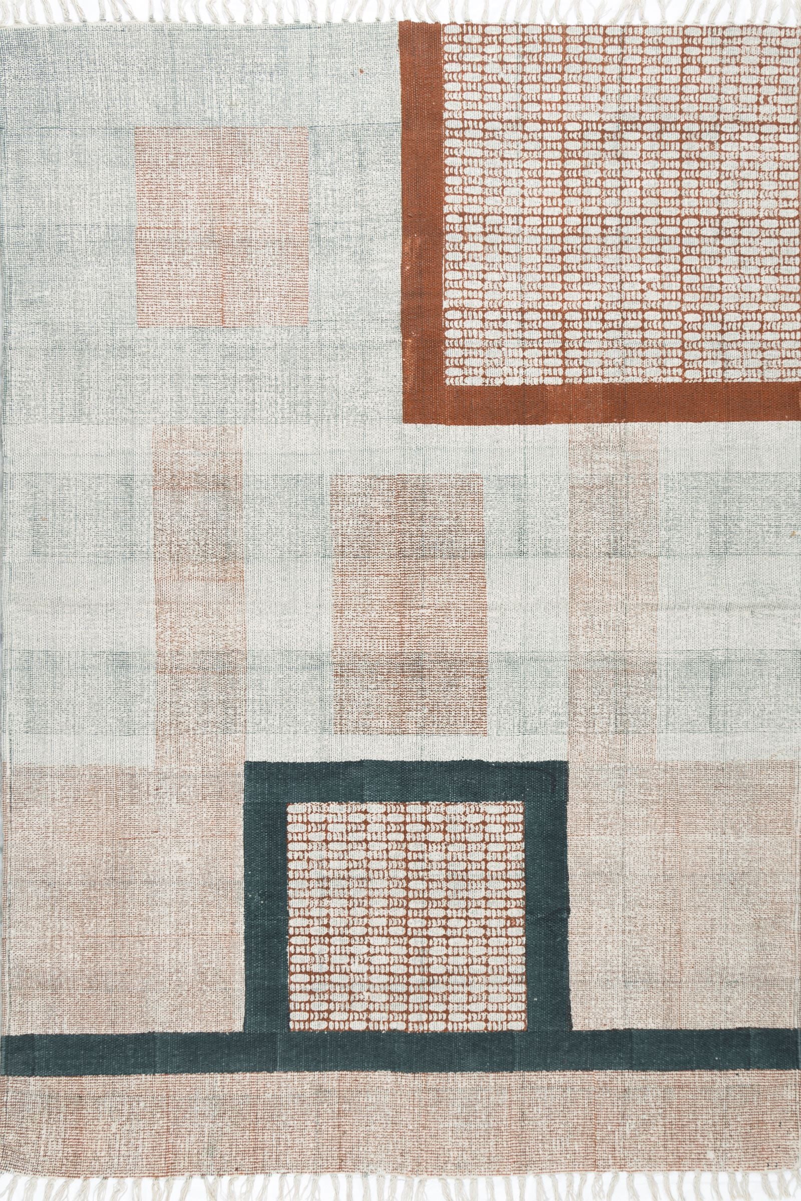 Vibrant Block Print Multicolor Cotton Rug with Fringes