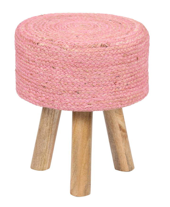 Round Pink Jute Stool with Mango Wood Base