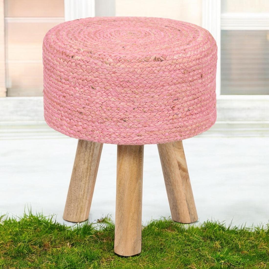 Round Pink Jute Stool with Mango Wood Base