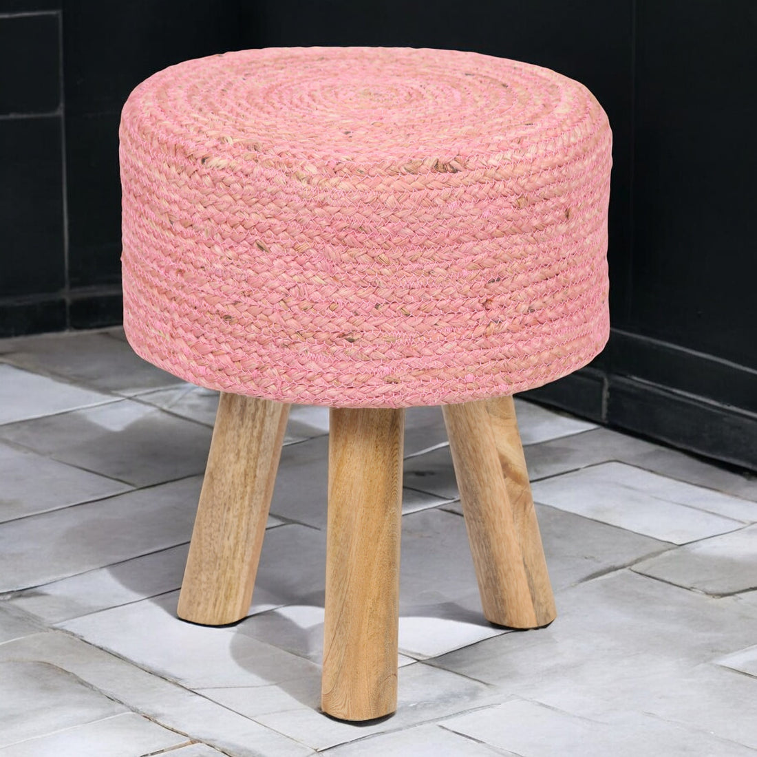 Round Pink Jute Stool with Mango Wood Base