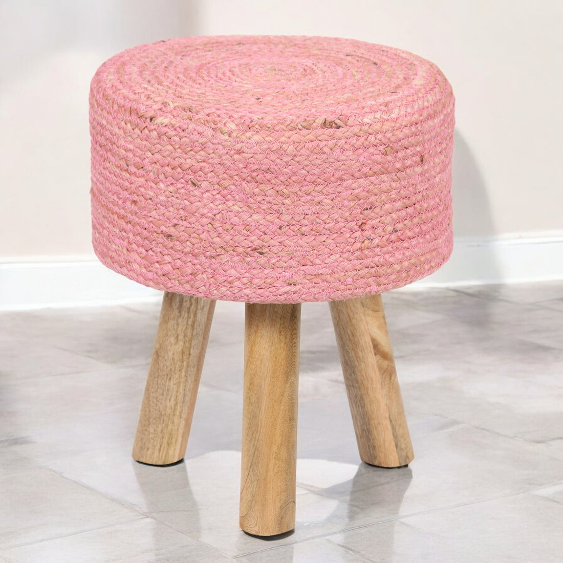 Round Pink Jute Stool with Mango Wood Base