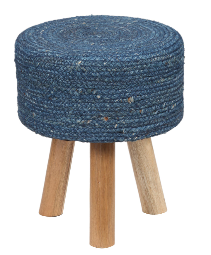 Round Navy Jute Stool with Mango Wood Base