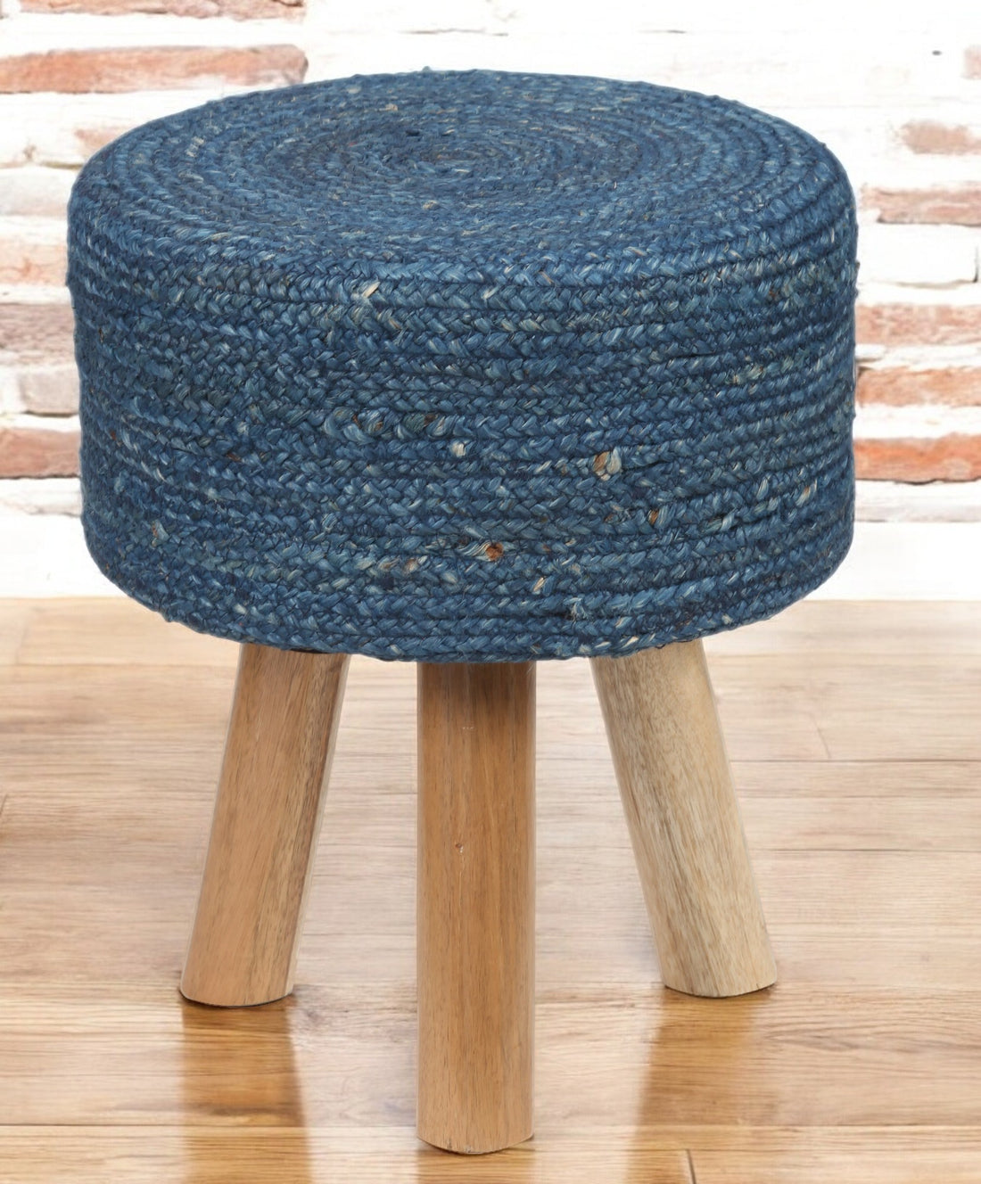 Round Navy Jute Stool with Mango Wood Base