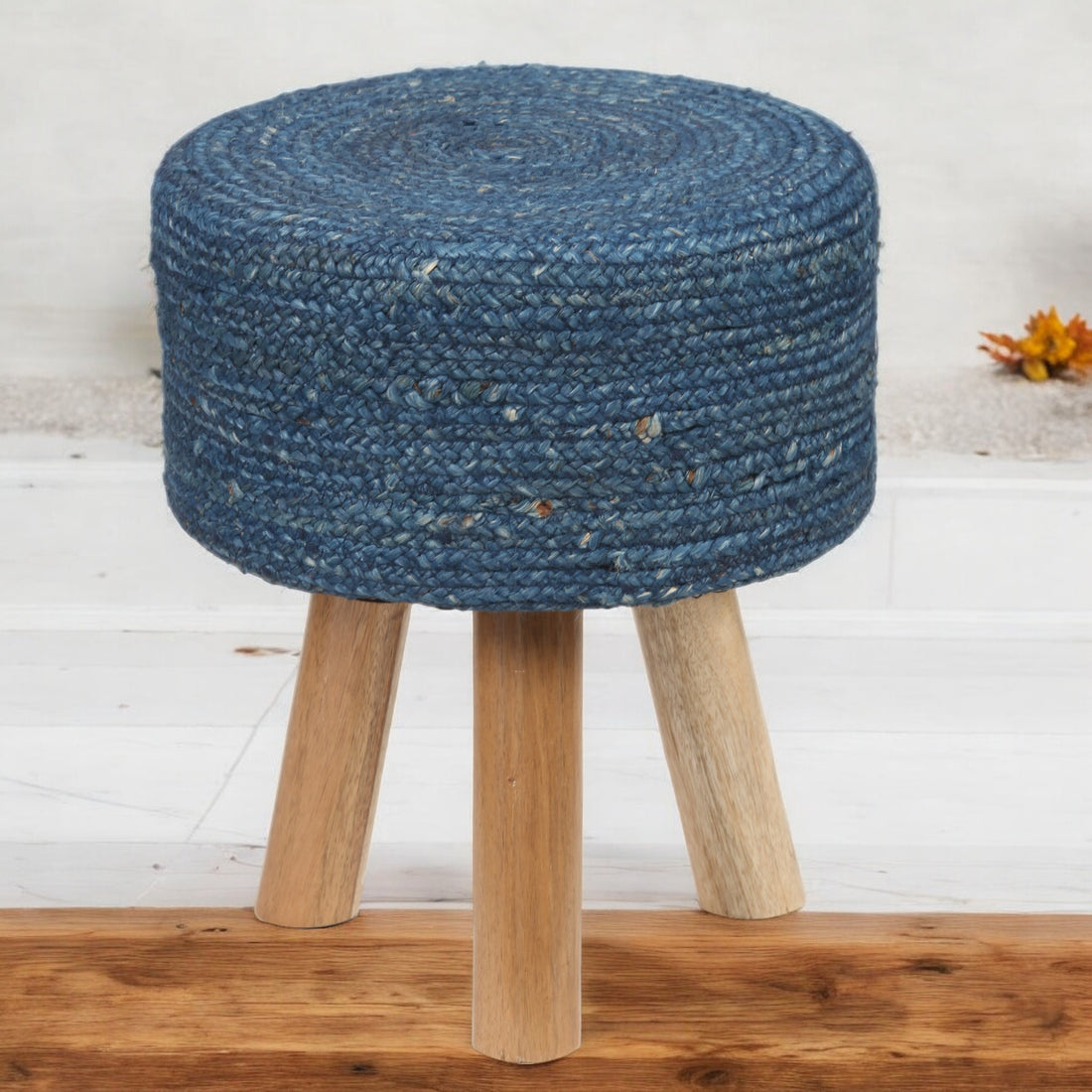 Round Navy Jute Stool with Mango Wood Base