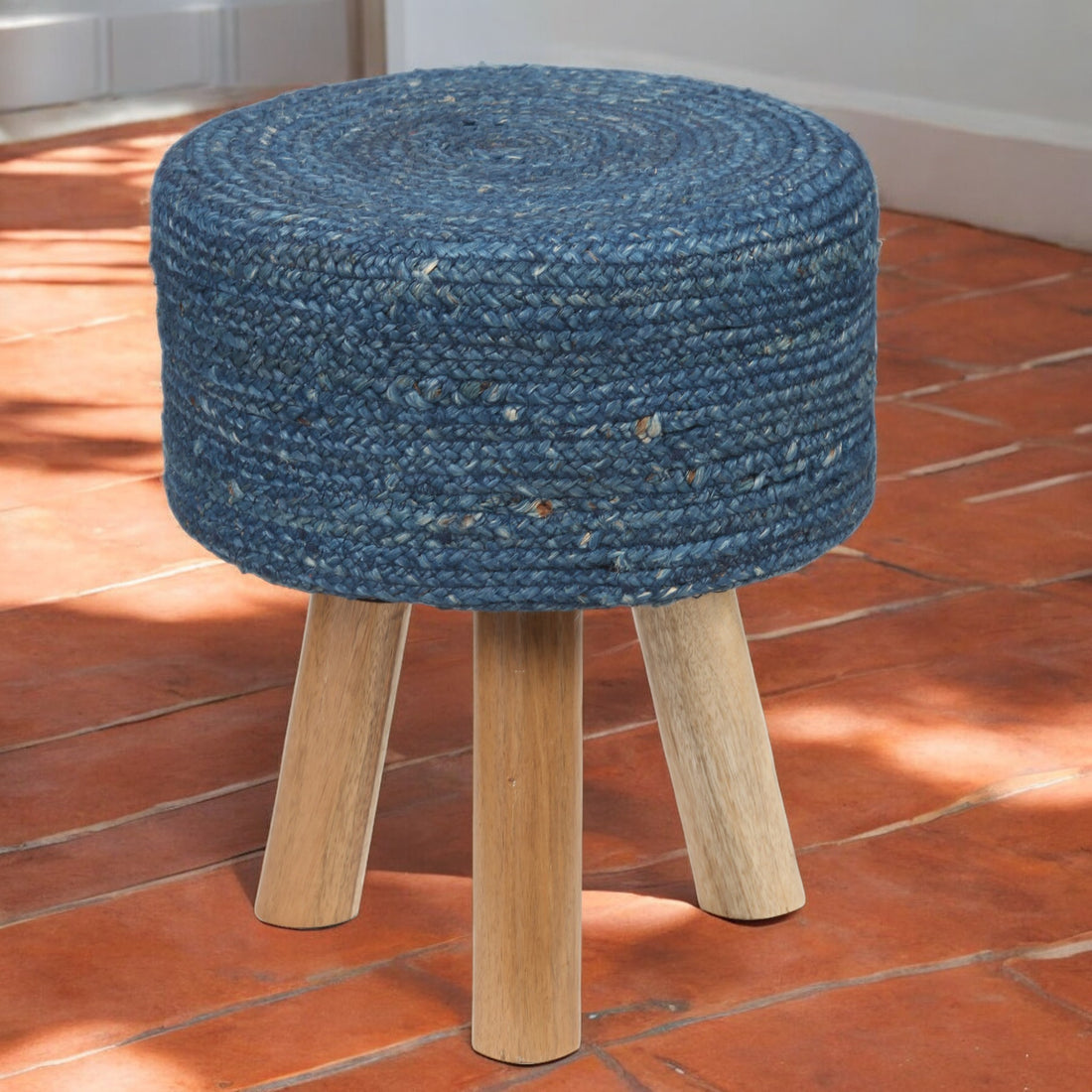 Round Navy Jute Stool with Mango Wood Base