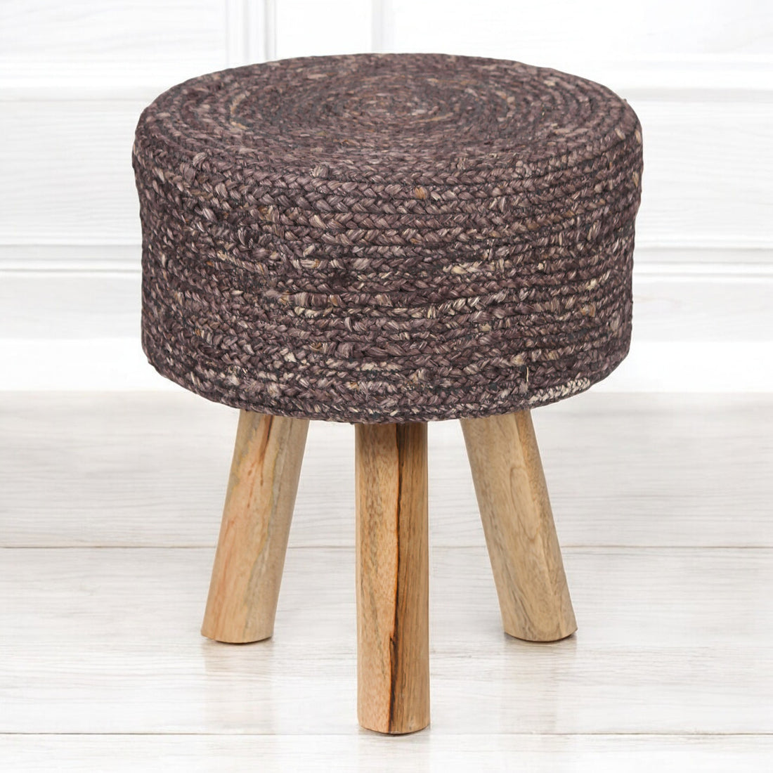 Round Brown Jute Stool with Mango Wood Base