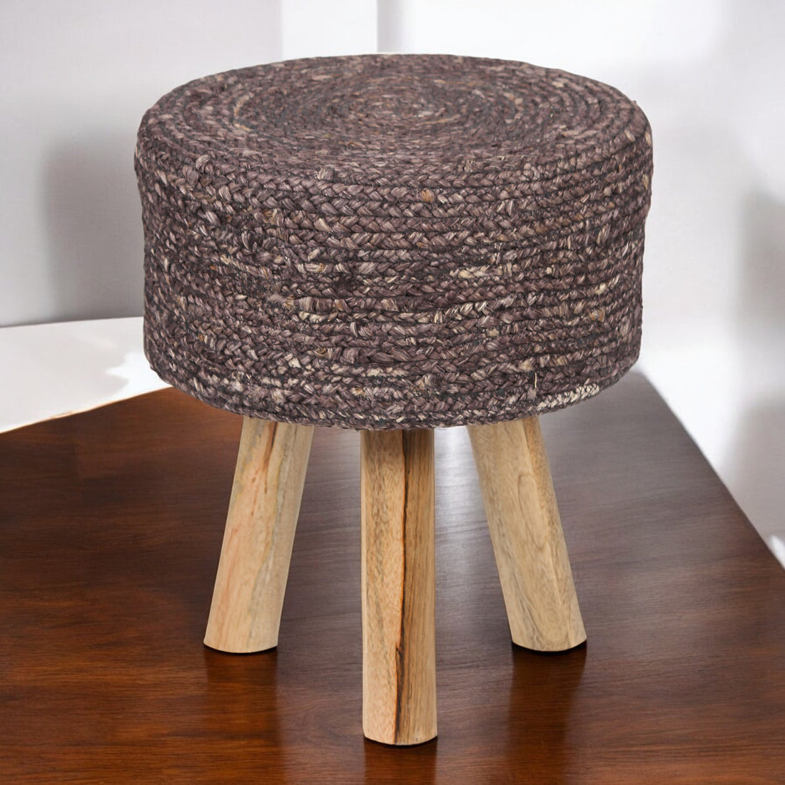 Round Brown Jute Stool with Mango Wood Base