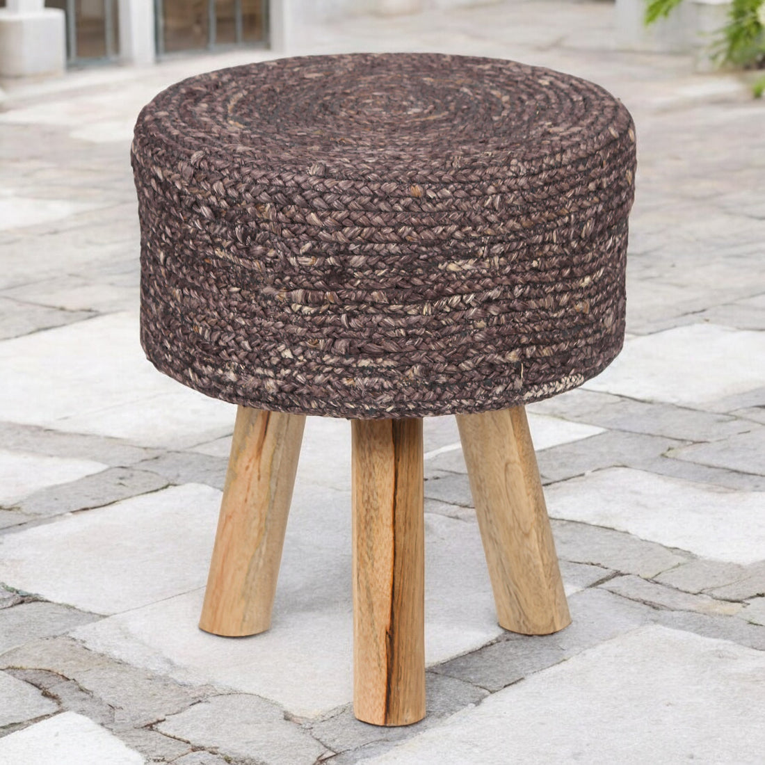 Round Brown Jute Stool with Mango Wood Base