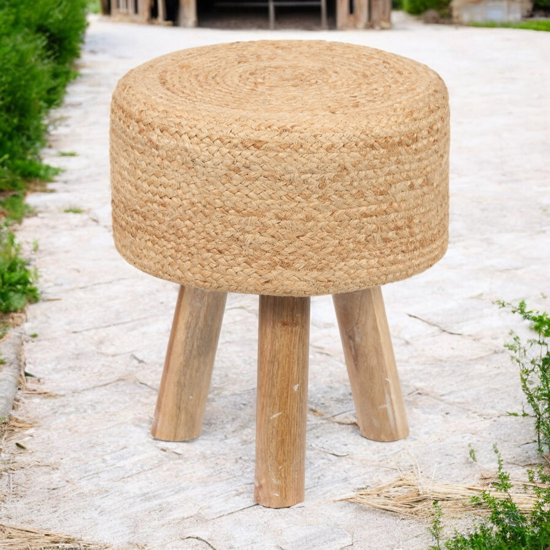 Round Natural Jute Stool with Mango Wood Base