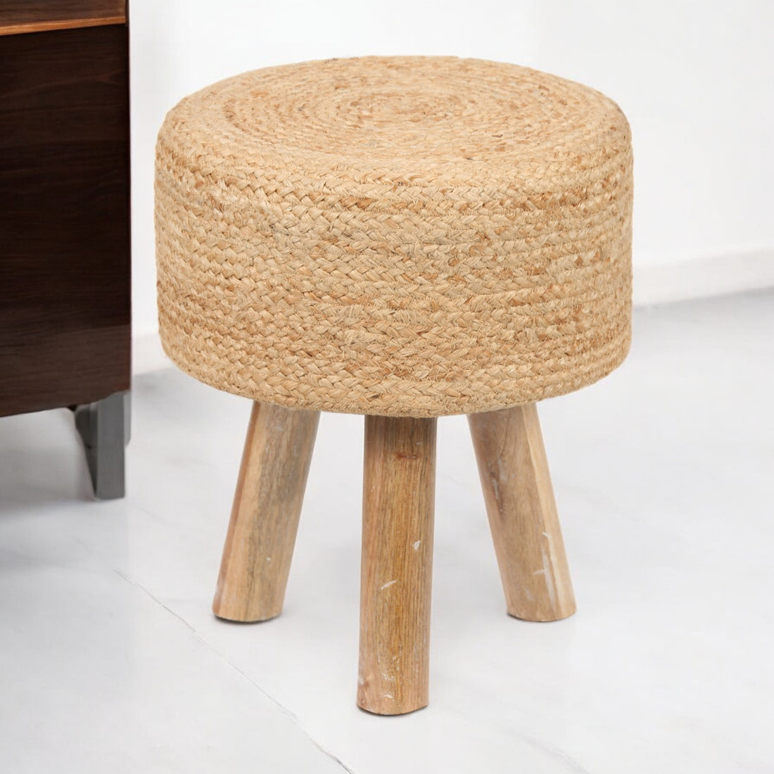 Round Natural Jute Stool with Mango Wood Base