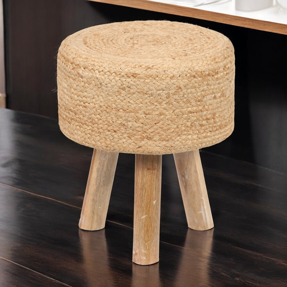 Round Natural Jute Stool with Mango Wood Base