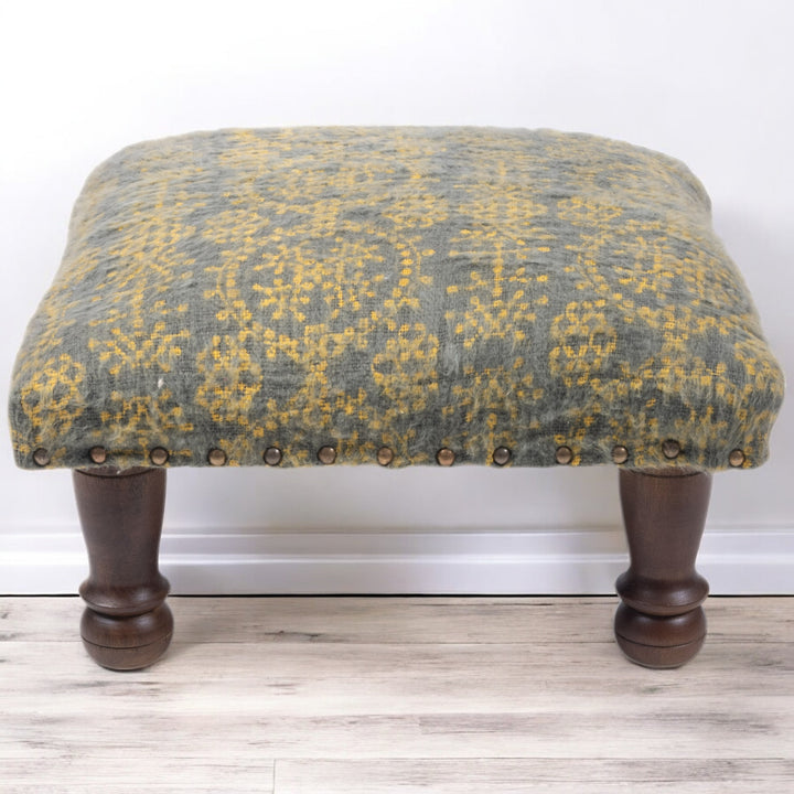 Yellow & Blue Cotton Print Foot Stool with Mango Wood Base