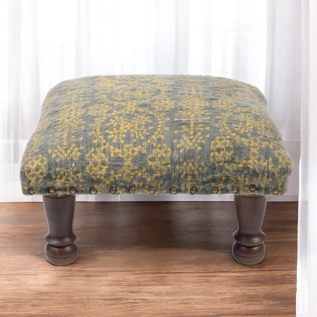 Yellow & Blue Cotton Print Foot Stool with Mango Wood Base