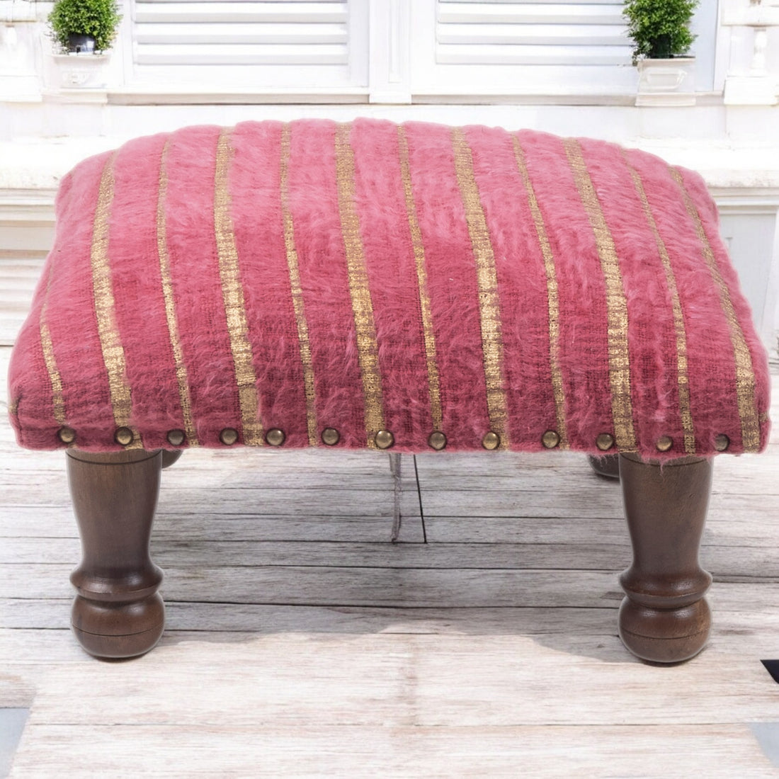 Pink Cotton Print Foot Stool with Mango Wood Base