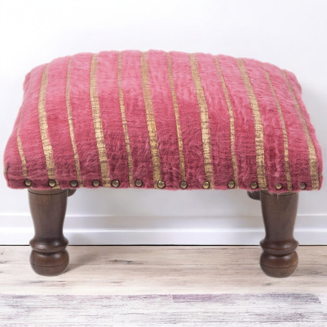 Pink Cotton Print Foot Stool with Mango Wood Base