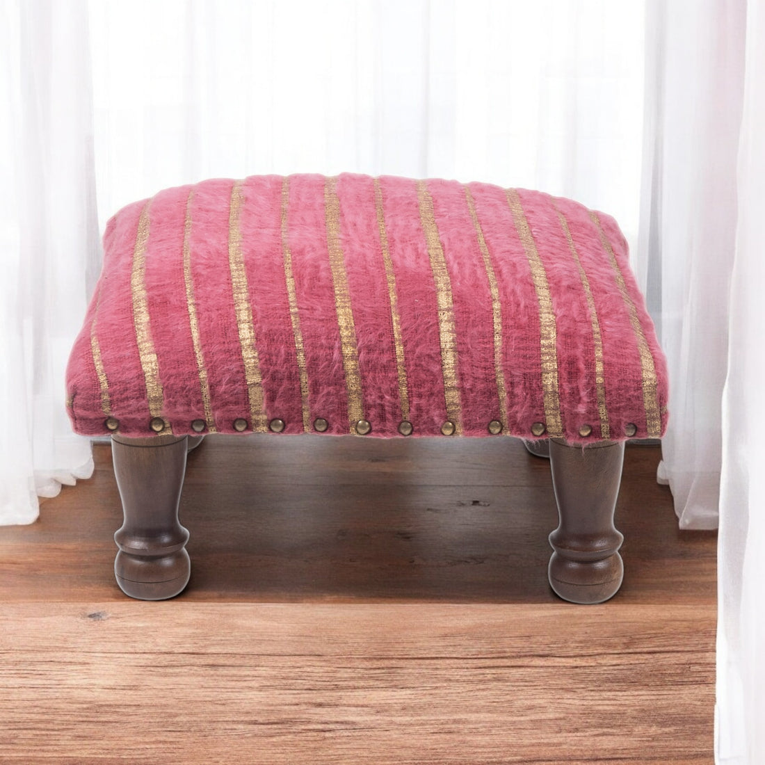 Pink Cotton Print Foot Stool with Mango Wood Base