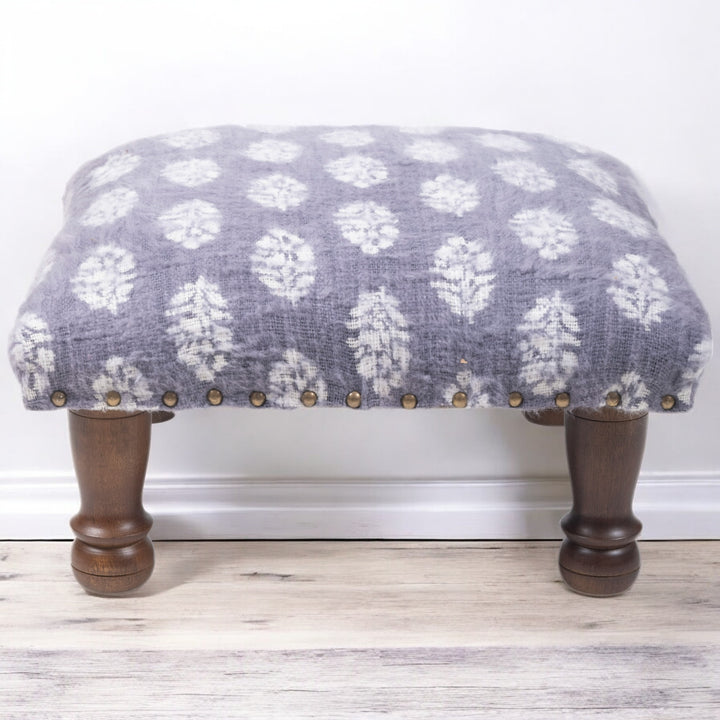 Blue & White Cotton Print Foot Stool with Wood Base