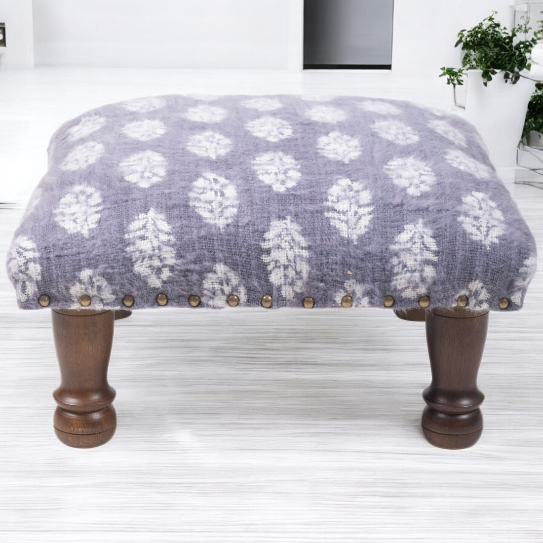 Blue & White Cotton Print Foot Stool with Wood Base