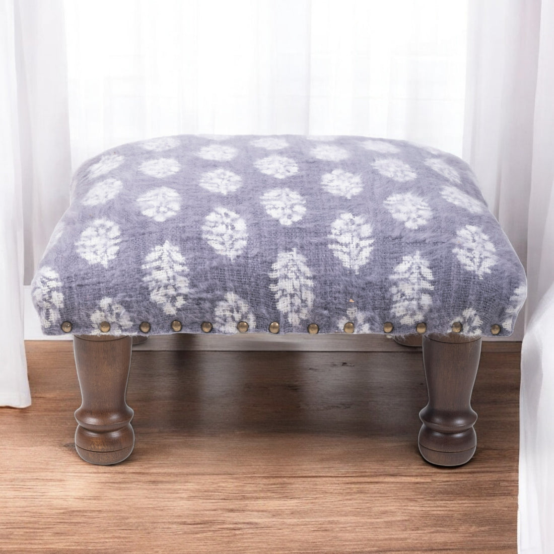 Blue & White Cotton Print Foot Stool with Wood Base