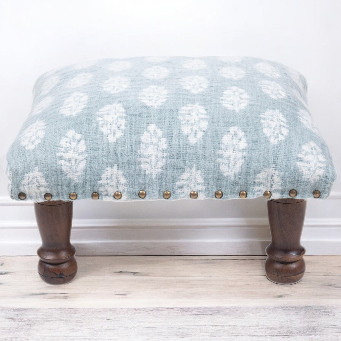 Light Blue & White Cotton Print Foot Stool with Mango Wood Base