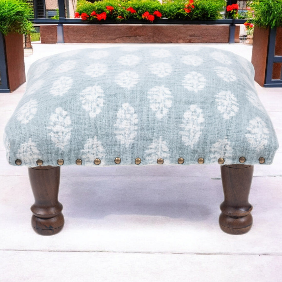 Light Blue & White Cotton Print Foot Stool with Mango Wood Base