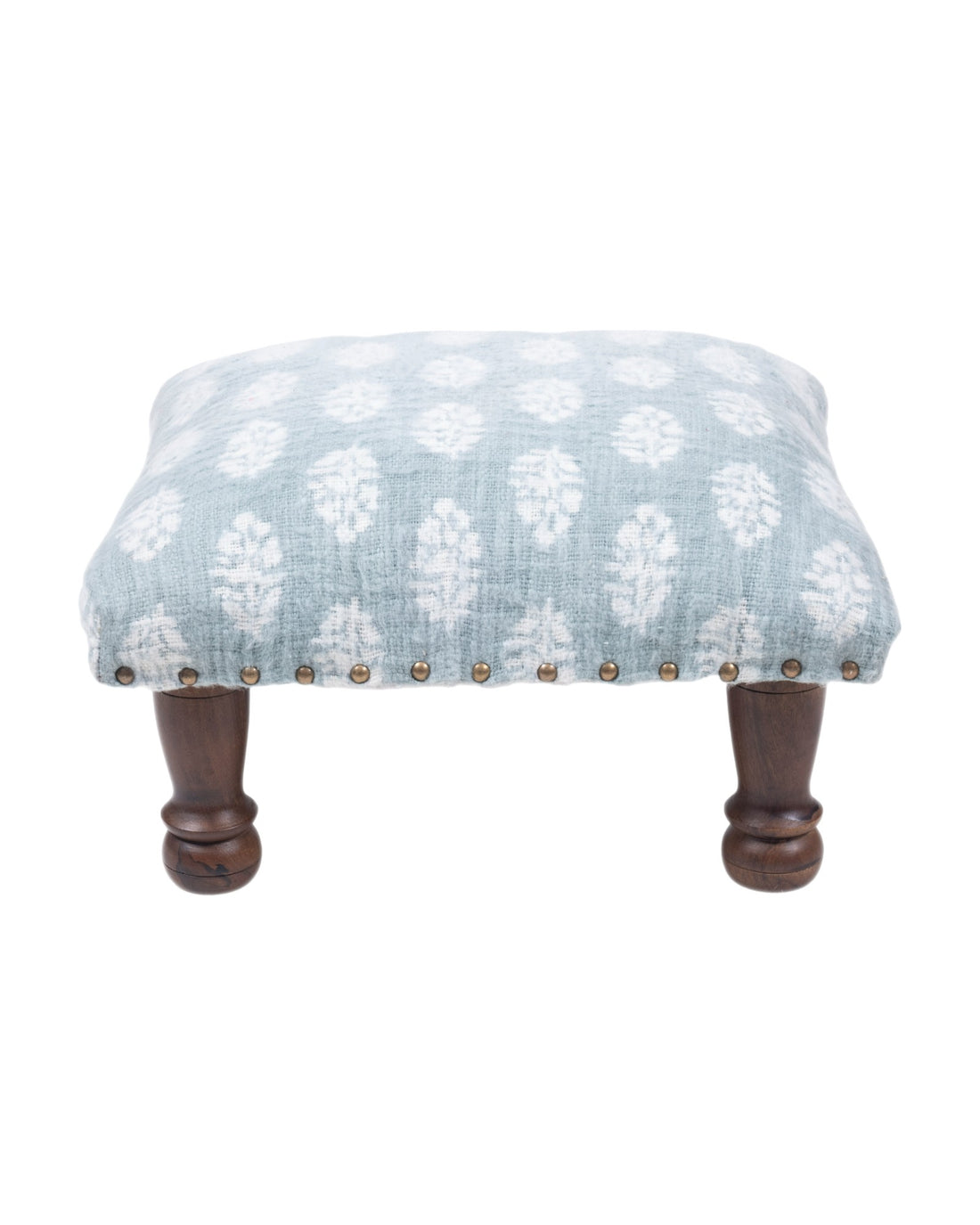 Light Blue & White Cotton Print Foot Stool with Mango Wood Base