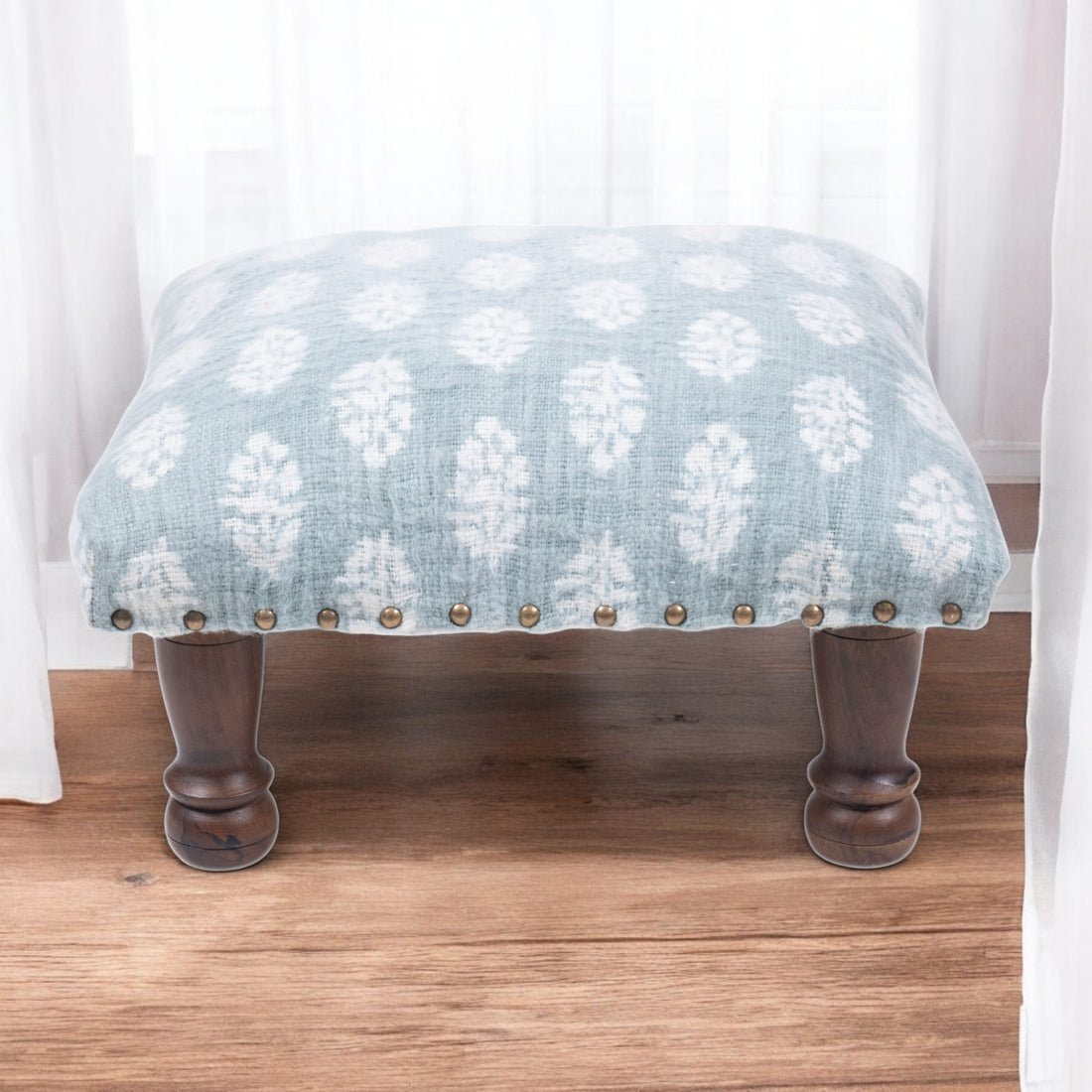 Light Blue & White Cotton Print Foot Stool with Mango Wood Base