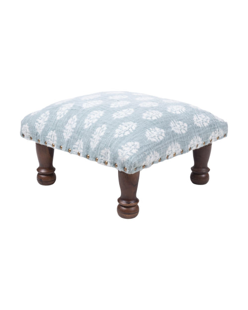 Light Blue & White Cotton Print Foot Stool with Mango Wood Base